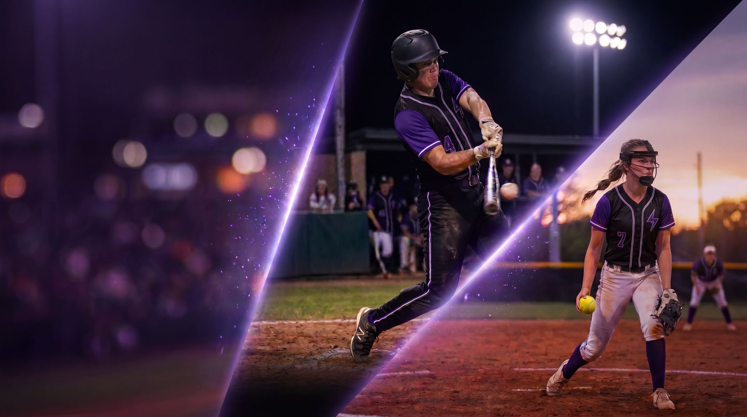 A baseball batter mid-swing and a softball pitcher on the mound under the lights